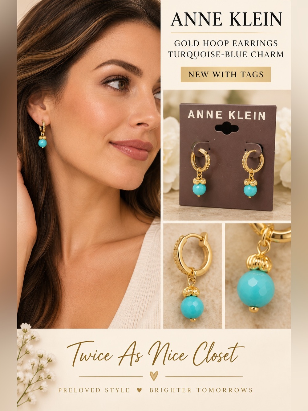 Anne Klein Gold Hoop Earrings with‎ Blue Charm NEW